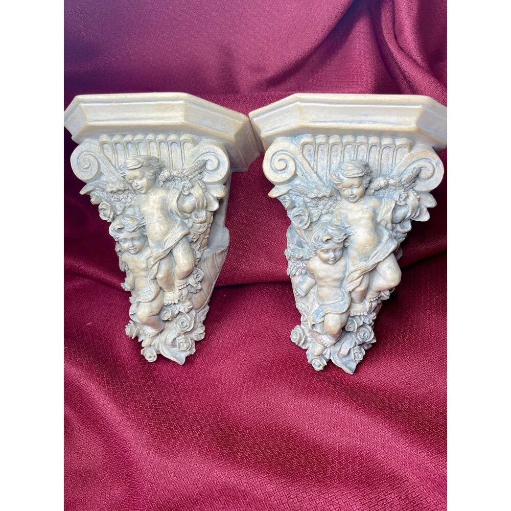 Pair of Gothic Corbels Ornate Baroque Floating Wall Shelves Curtain Rod Cherubs